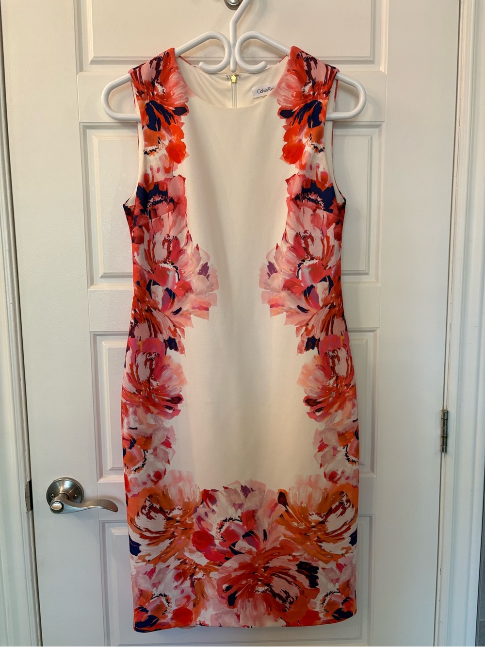 Calvin Klein White Midi Sheath Dress with Coral and Purple flowers